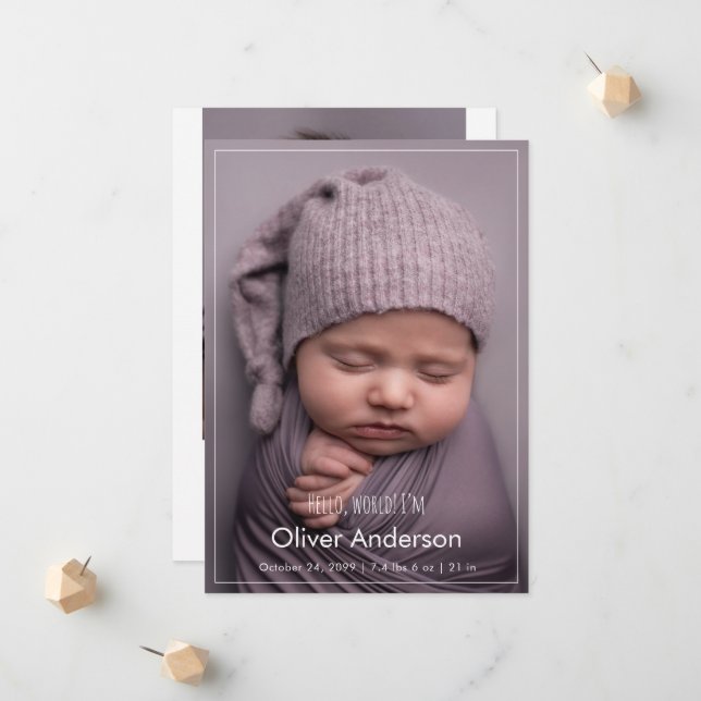 Modern Hello Newborn Baby Photo Collage Birth  Announcement (Front/Back In Situ)