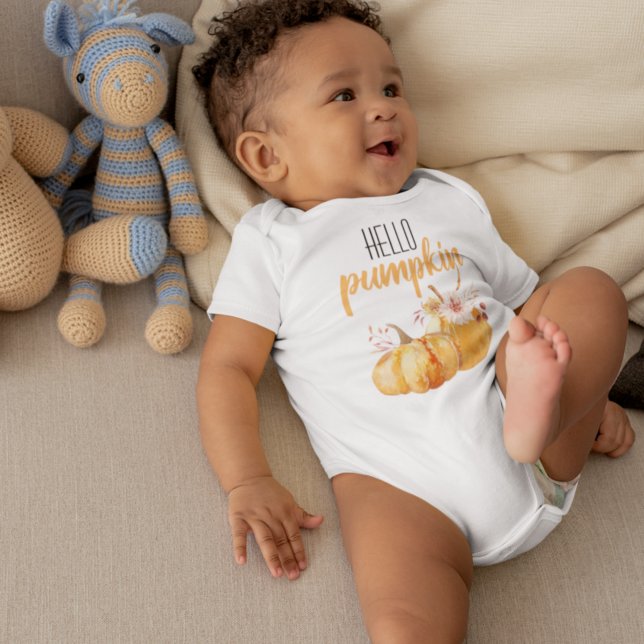 Modern Hello Pumpkin Orange Pumpkin With Flowers Baby Bodysuit (Creator Uploaded)