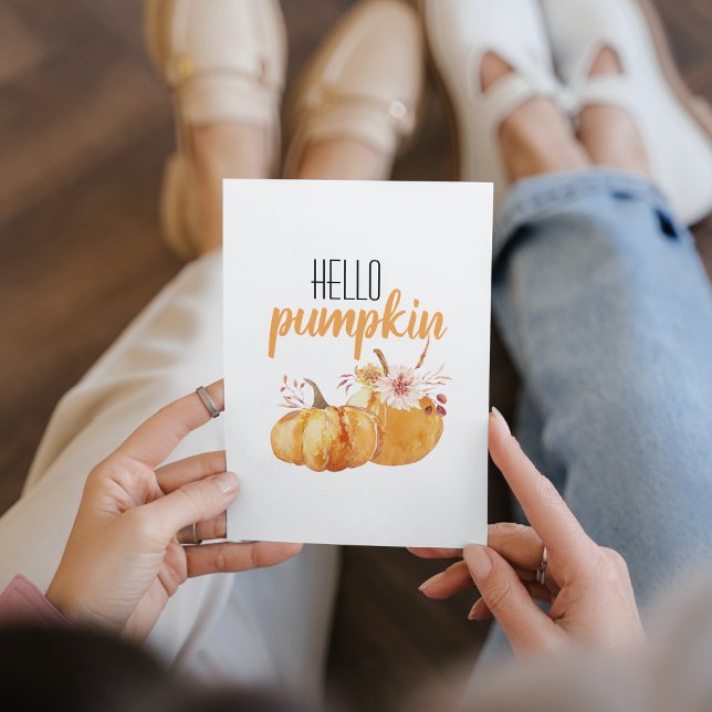 Modern Hello Pumpkin Orange Pumpkin With Flowers Holiday Card (Creator Uploaded)