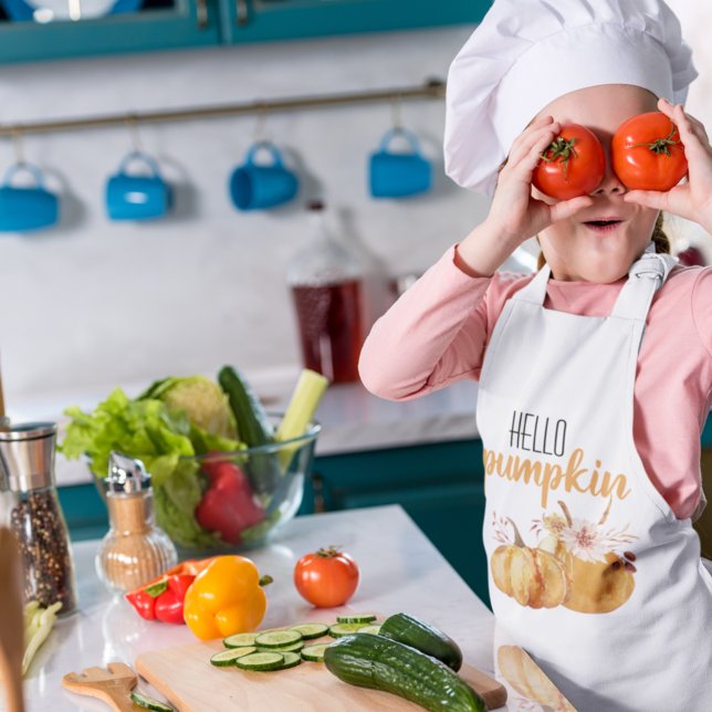 Modern Hello Pumpkin Orange Pumpkin With Flowers Kids Apron (Creator Uploaded)