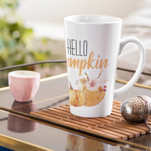 Modern Hello Pumpkin Orange Pumpkin With Flowers Latte Mug (Creator Uploaded)
