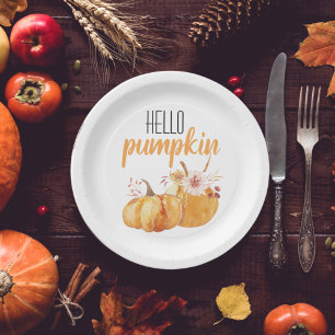 Modern Hello Pumpkin Orange Pumpkin With Flowers Paper Plate