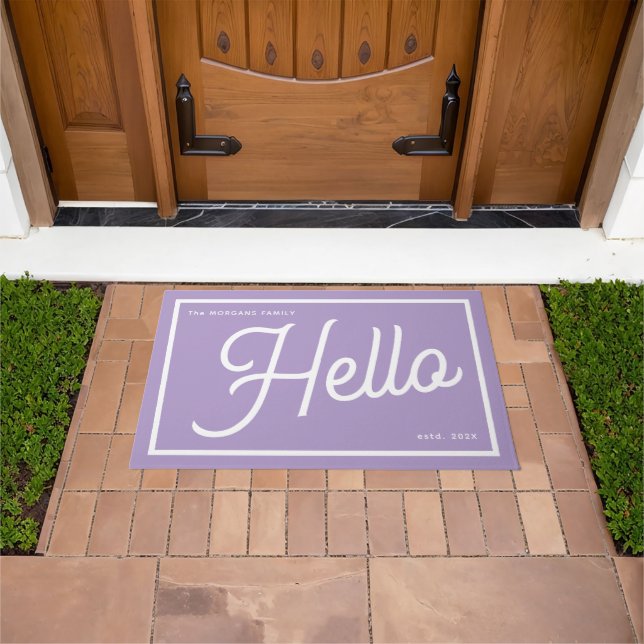 Modern Hello Purple White Script Family Name Doormat (Outdoor)