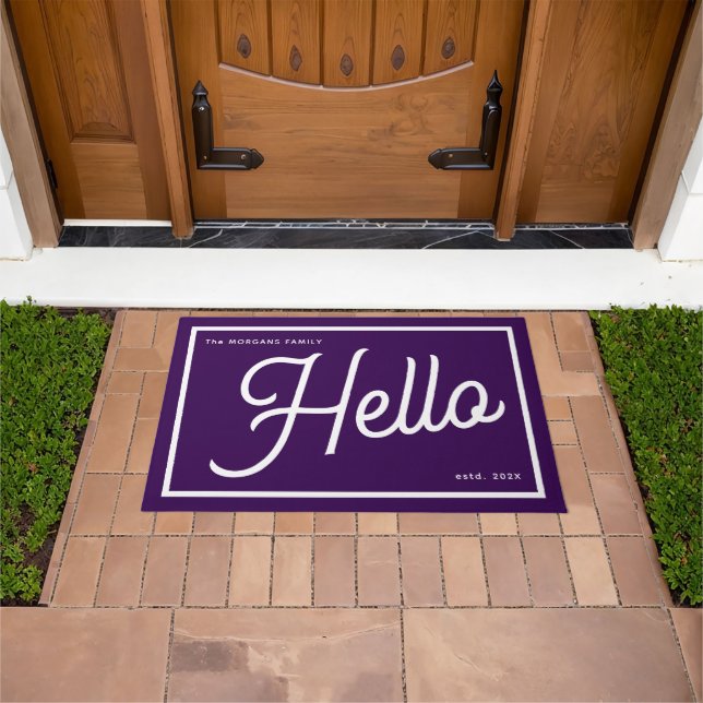 Modern Hello Purple White Script Family Name Doormat (Outdoor)