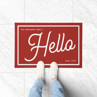 Modern Hello Red White Script Family Name Doormat