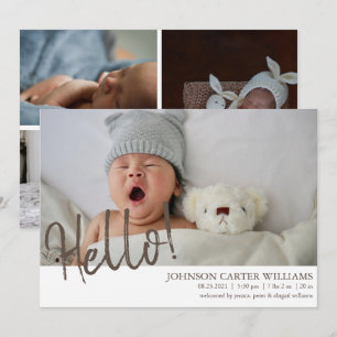Modern Hello Script 4 Photos Birth Announcement