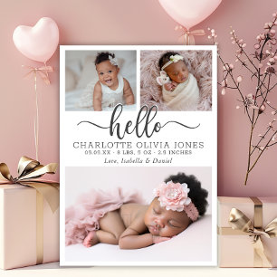 Modern Hello Script Baby Girl Birth Photo Collage Announcement