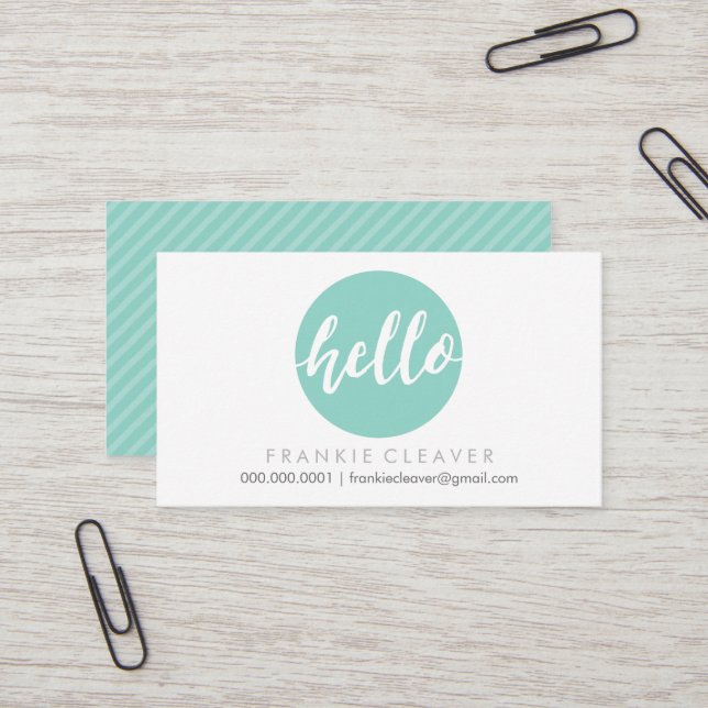 MODERN HELLO SCRIPT hand drawn bold spot cute mint Business Card (Front/Back In Situ)