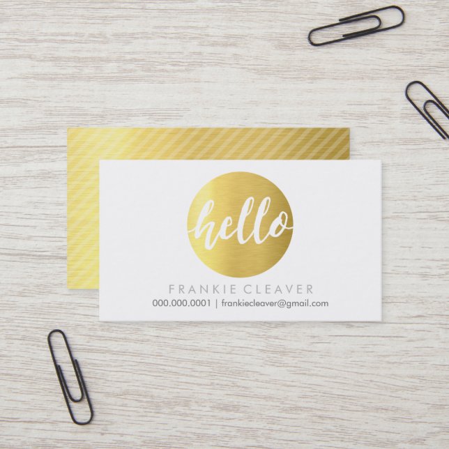 MODERN HELLO SCRIPT hand drawn bold spot gold foil Business Card (Front/Back In Situ)