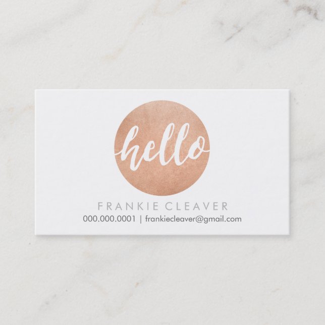 MODERN HELLO SCRIPT hand drawn bold spot rose gold Business Card (Front)
