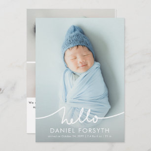 Modern Hello Script Newborn Baby Photo Birth Announcement