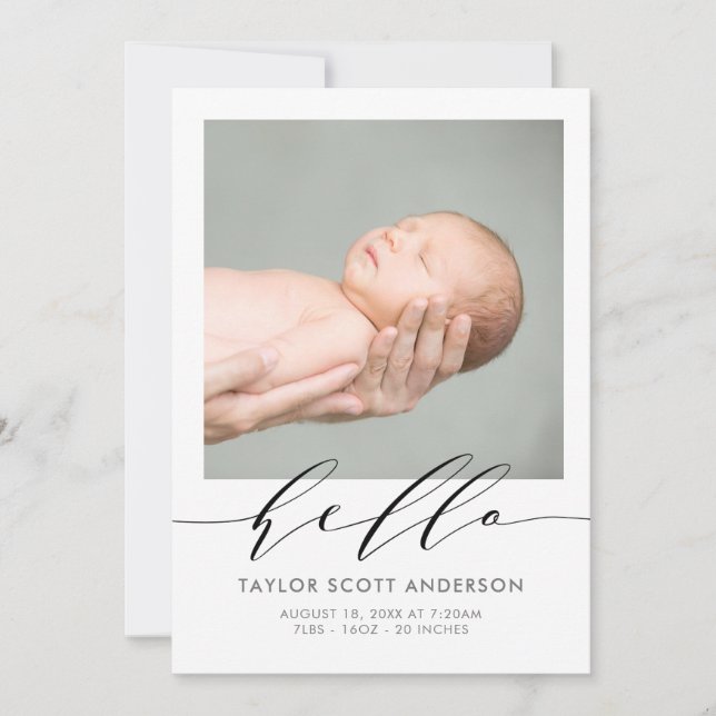 Modern Hello Script Photo Birth Announcement Card (Front)