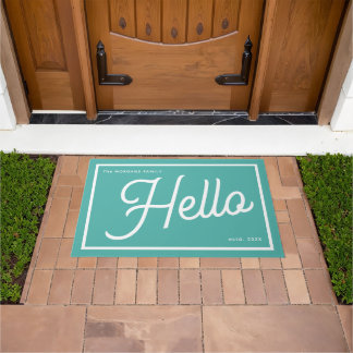 Modern Hello Teal White Script Family Name Doormat