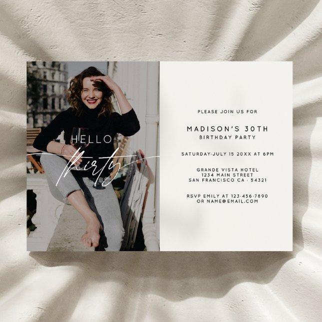 Modern Hello Thirty Birthday Party Photo Script  Invitation (Creator Uploaded)