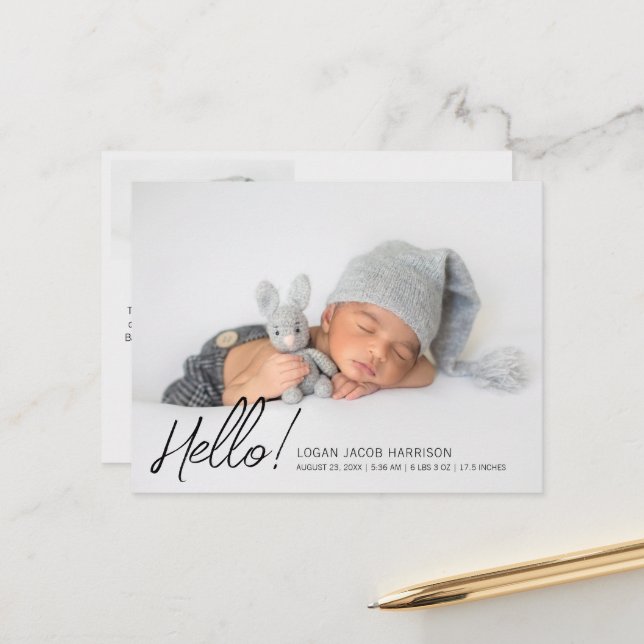 Modern Hello Two Photos Birth Announcement Postcard (Front/Back In Situ)