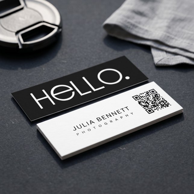 Modern "Hello" Typography Design Mini Business Card (Simulated business cards on table)