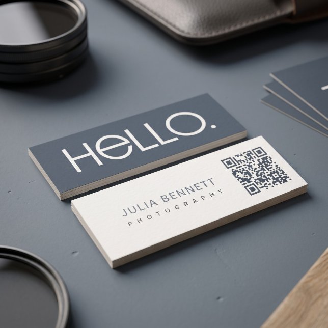 Modern "Hello" Typography Design Mini Business Card (Simulated business cards on table)