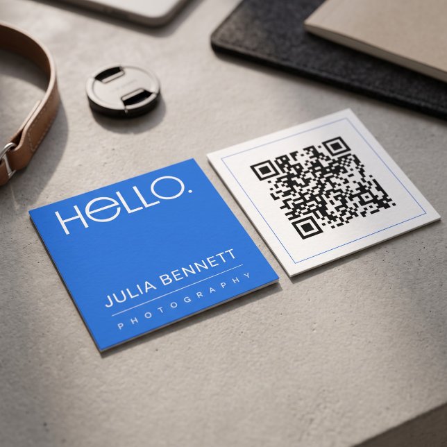 Modern "Hello" Typography Design Square Business Card (Simulated business cards on table)