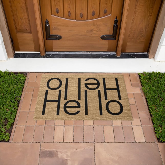 Modern Hello Welcome Word Art On Faux Burlap Doormat (Outdoor)