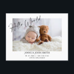 Modern Hello World Calligraphy Birth Announcement Postcard<br><div class="desc">Modern Hello World Calligraphy Birth Announcement Postcard

Modern single photo on the front birth announcement featuring a modern calligraphy heading hello world and the birth stats.  Parents message appears on the back. This modern birth announcement postcard is a sweet way to announce the birth of your newborn baby.</div>