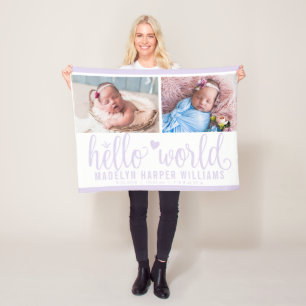 Modern Hello World Lavender Purple Photo Collage Fleece Blanket