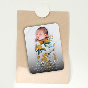 Modern Hello World Newborn Photo Elegant Script  Magnet