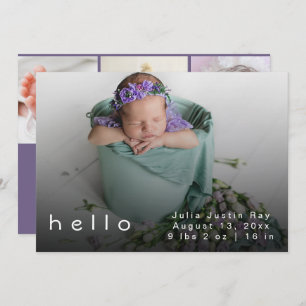 Modern Hello World Purple Baby Girl Photo Birth  Thank You Card