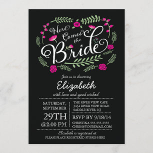 Modern Here Comes The Bride Fuchsia Floral Invitation