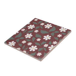 Modern Heritage Daisy Floral Dark Red & Green Ceramic Tile