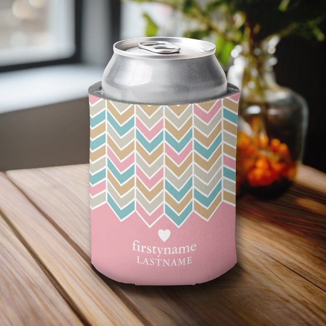 Modern Herringbone Pattern - Pink Blue Gold Can Cooler (Custom Can Cooler)