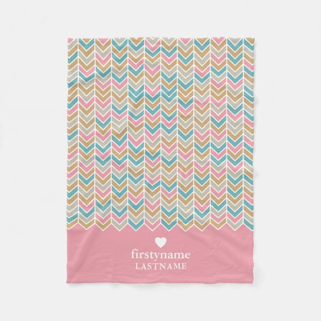Modern Herringbone Pattern - Pink Blue Gold Fleece Blanket (Front)