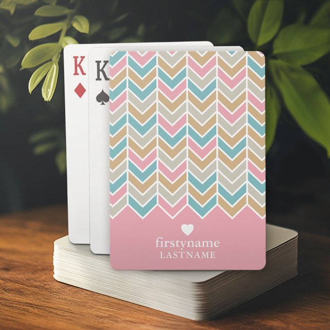 Modern Herringbone Pattern - Pink Blue Gold Playing Cards (Personalized playing cards)