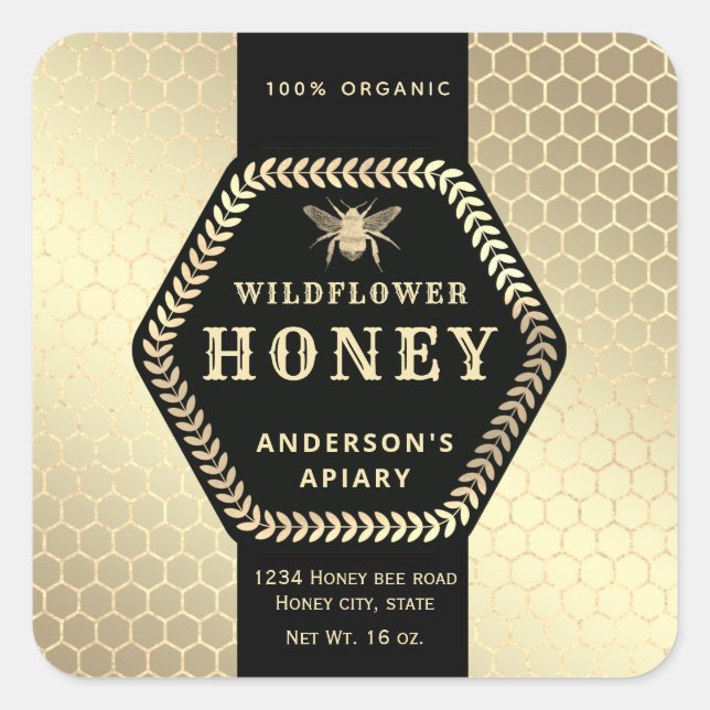 Modern Hexagon branch  gold bee honey jar Label (Front)