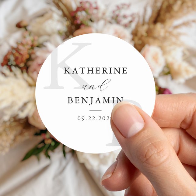 Modern Hhite Monogram Minimalist Wedding Classic Round Sticker (Creator Uploaded)