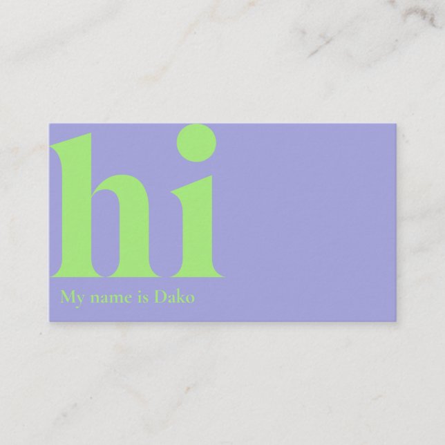 Modern 'hi' business card in periwinkle and lime (Front)