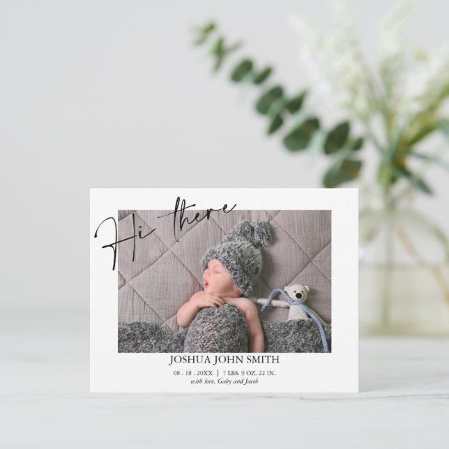 Modern Hi There Calligraphy Birth Announcement Postcard (Standing Front)