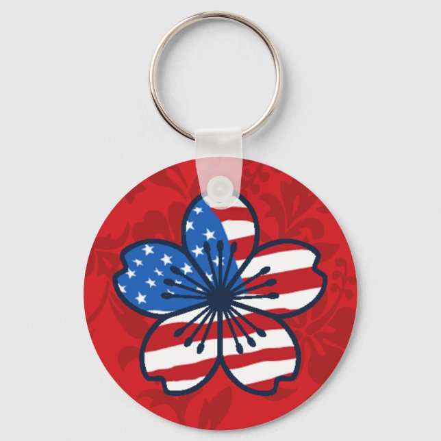 Modern Hibiscus American Flag Patriotic Key Chains (Front)