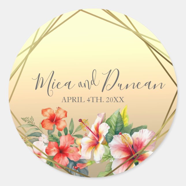Modern Hibiscus Wedding  Classic Round Sticker (Front)