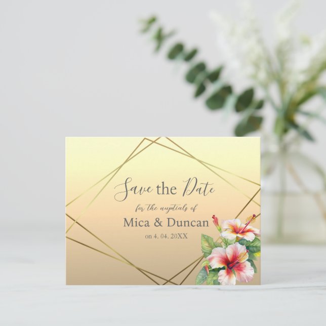 Modern Hibiscus Wedding Save the Date Postcard (Standing Front)