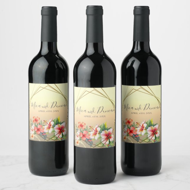 Modern Hibiscus Wedding  Wine Label (Bottles)