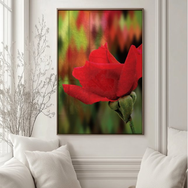 Modern High Poly Red Rose | Botanical Wall Art (High-poly red rose botanical wall art with vivid crimson petals and an abstract green background.)
