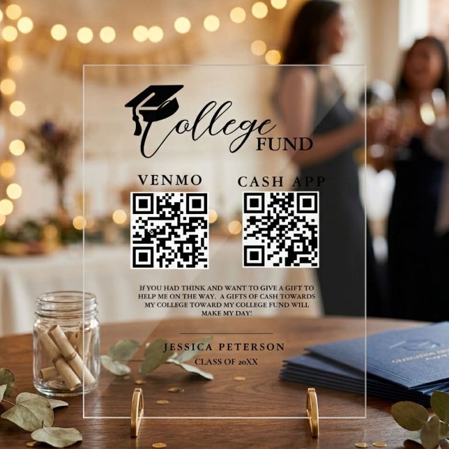 Modern High School Graduation Colleg fund QR code  Acrylic Sign (Creator Uploaded)
