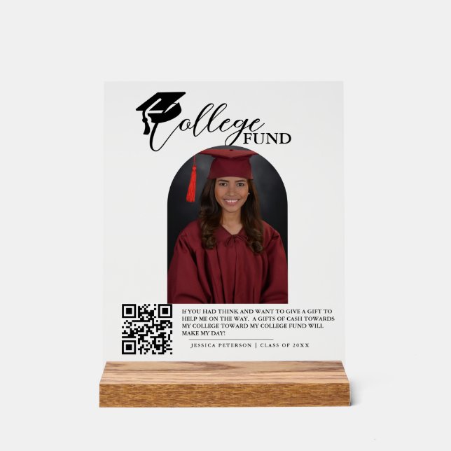 Modern High School Graduation Colleg fund QR code  Acrylic Sign (Front)