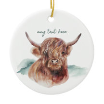 Modern Highland Cow Custom Text Ceramic Ornament