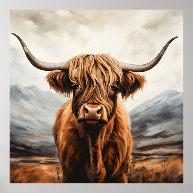 Modern Highland Cow watercolor print wall art  (Front)