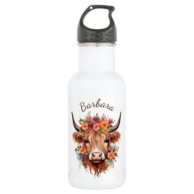 Modern Highland Cow with Boho Flowers 532 Ml Water Bottle (Front)