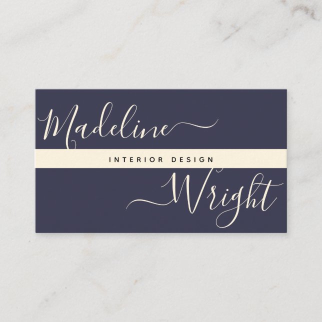 Modern Highlight | Script Navy Ivory Luxury Business Card (Front)