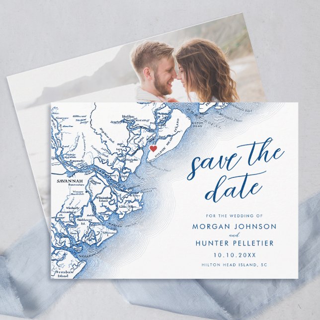 Modern Hilton Head South Carolina Map Wedding Save The Date (Hilton Head Island SC map Wedding Photo Save the Date in Modern Navy Blue by Coastal Map Designs)