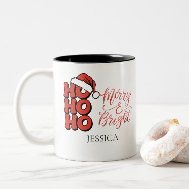 Modern Ho Ho Ho Merry and Bright Christmas Name  Two-Tone Coffee Mug (With Donut)