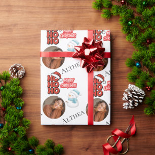Modern Ho Ho Ho One photo Name Merry Christmas Wrapping Paper